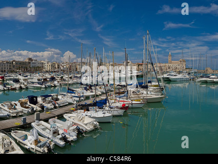 Italy, Europe, Port, harbour, Trani, Puglia, city, village, water, spring, ships, boat, Stock Photo