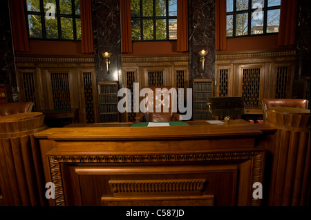 Tribunal fédéral, Swiss federal court, meeting hall, Switzerland, Europe, Lausanne, Vaud, justice, writing desk, wood, law, Stock Photo