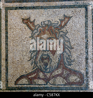 Detail of Roman mosaic of the god Oceanus, Verulamium Museum, St Alban's, Hertfordshire, England Stock Photo