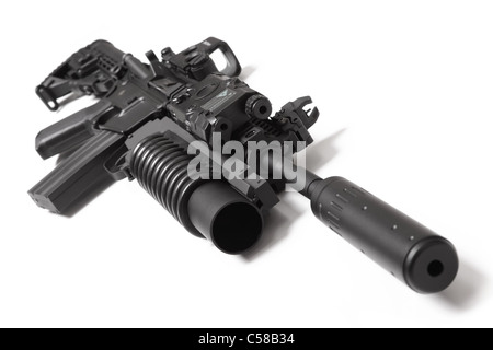 US Spec Ops M4A1 assault carbine with RIS/RAS, grenade launcher, holographic sight, ANPEQ and silencer (sound suppressor) Stock Photo