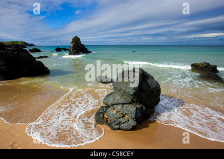 Sango Bay, Great Britain, Scotland, Europe, sea, coast, beach, seashore, rock, cliff, surf, waves Stock Photo