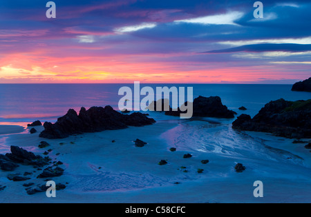 Sango Bay, Great Britain, Scotland, Europe, sea, coast, beach, seashore, rock, cliff, daybreak, mood, clouds Stock Photo