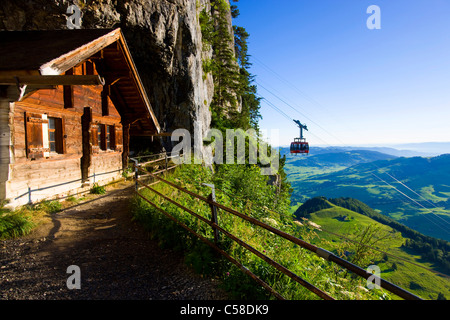 Wildkirchli, Switzerland, Europe, canton Appenzell, Innerrhoden., Alpstein, view point, cave, cave entrance, hut, morning light, Stock Photo