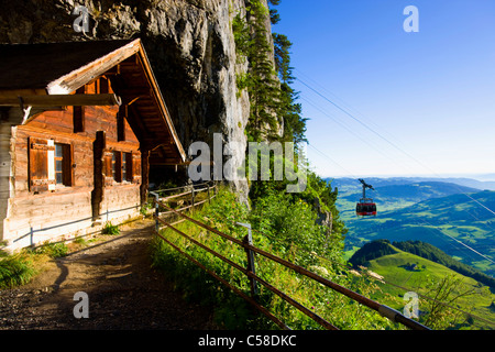 Wildkirchli, Switzerland, Europe, canton Appenzell, Innerrhoden., Alpstein, view point, cave, cave entrance, hut, morning light, Stock Photo