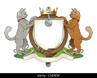 Cat pets heraldic shield coat of arms. Notice the collar instead of garter. Stock Photo