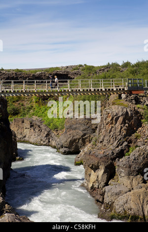 Hraunfossar or Lava Falls, near Husafell Iceland. These beautiful falls come from underneath the nearby lava field Stock Photo