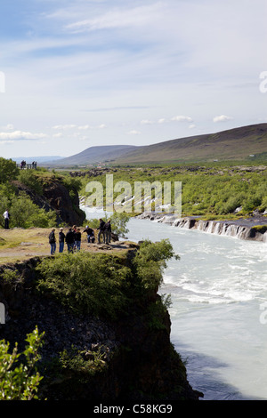 Hraunfossar or Lava Falls, near Husafell Iceland. These beautiful falls come from underneath the nearby lava field Stock Photo