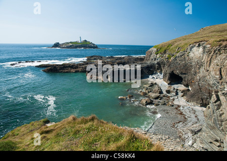 Godrevy Lighthouse, viewed from Godrevy Point, St Ives Bay, Cornwall, UK. Stock Photo
