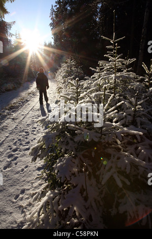 A child running along a snow-covered forest track Stock Photo