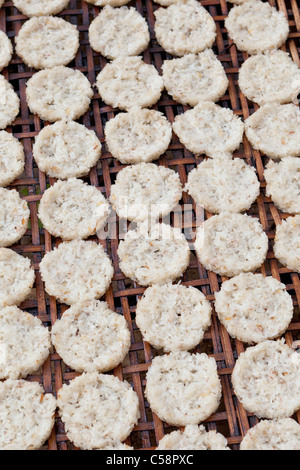 Rice cakes drying under the sun, Laos Stock Photo