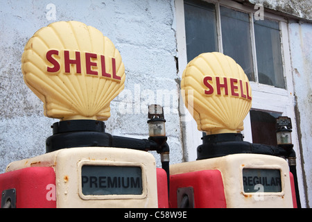 Old fashioned Shell petrol pumps Stock Photo