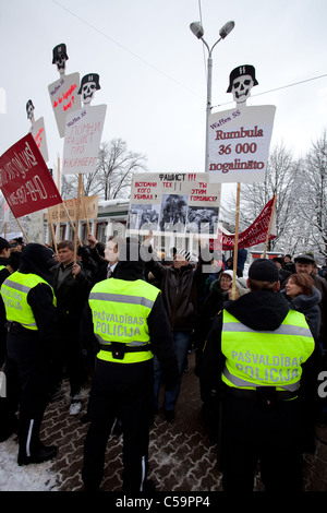 RIGA, LATVIA, MARCH 16, 2010: Protestors shouts against Commemoration of the Latvian Waffen SS unit or Legionnaires. Stock Photo