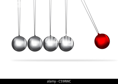 newtons cradle concept of teamwork and the individual represented by coloured balls Stock Photo