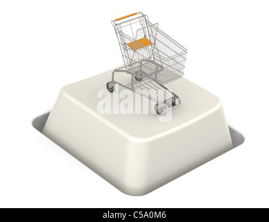 Button with Shopping Cart. Steel Trolley. Stock Photo
