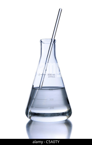 Laboratory flask with stirrer and reflection isolated over white background - With clipping path on glassware Stock Photo