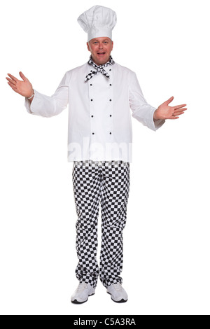 Photo of a happy chef in white uniform with his arms open in a welcoming gesture isolated on a white background. Stock Photo