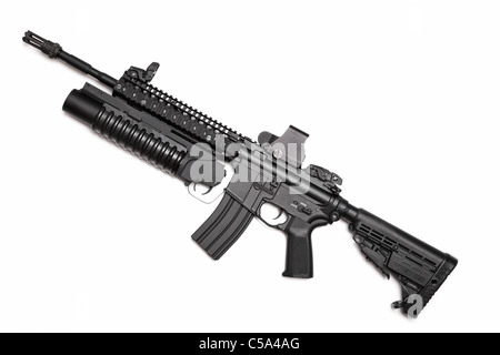 US Spec Ops M4A1 assault rifle with RIS/RAS, grenade launcher and tactical holographic sight. Isolated on a white background. Stock Photo