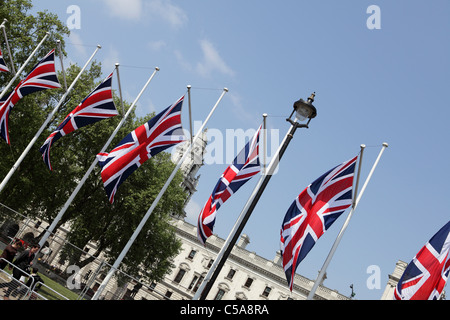 UNION JACK FLAGS,seen here at an extreme angled aspect,they were situated in Parliament during the Royal Wedding in July 2011. Stock Photo