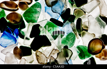 Glass and shells found on beach Stock Photo