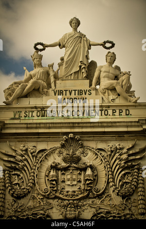 Photograph of the detail on the top of the Rua Augusta Arch on Praca do Comercio, Lisbon, Portugal. Stock Photo