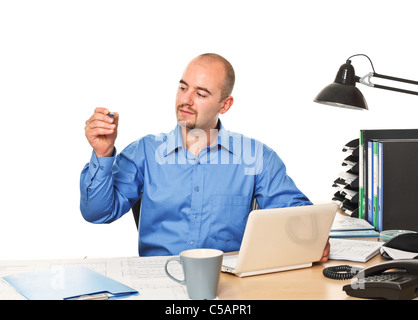 portrait of young businessman in drawing pose isolated on white Stock Photo