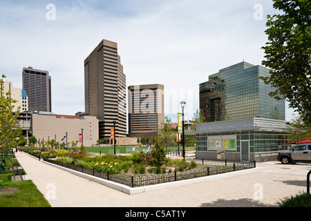View of downtown Columbus skyline from the Columbus Commons park. Stock Photo