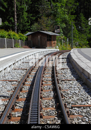 A rack-and-pinion railway. (Rack railway, cog railway). Railway with a toothed rack rail. This is the Bayerische Zugspitzbahn. Stock Photo