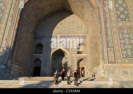 Portico of Sher Dor Madrassah on Registan Square, Samarkand, Uzbekistan Stock Photo