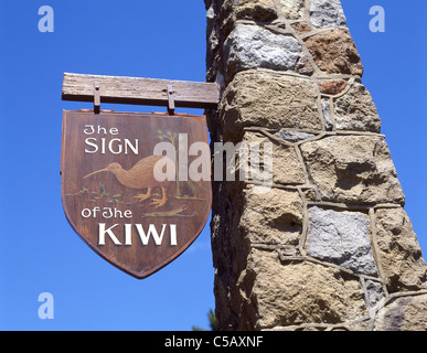 Hanging sign, Sign of the Kiwi, Dyers Pass Road, Port Hills, Christchurch, Canterbury, New Zealand Stock Photo