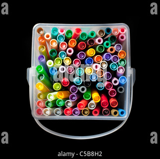 Plastic container full of colourful felt tip pens Stock Photo