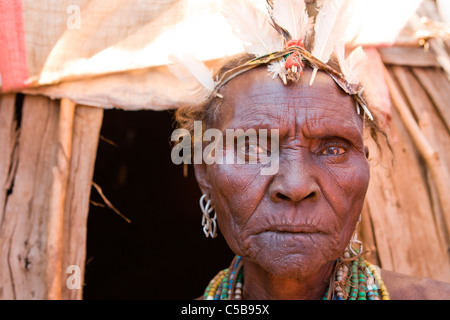 Portrait of a Galeb  tribeswoman at a village in the Lower Omo Valley, Southern Ethiopia, Africa. Stock Photo