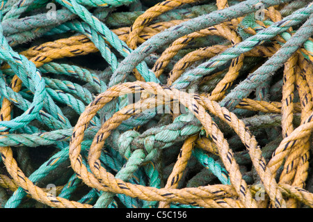 Green and yellow coiled fishing rope Stock Photo