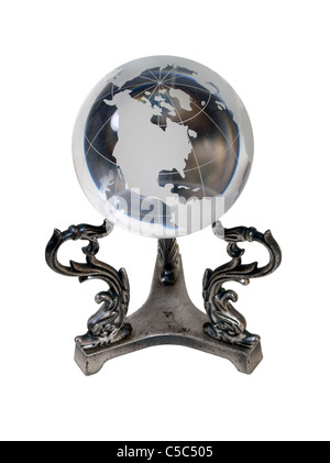 Crystal globe with the Americas showing on a silver stand - path included Stock Photo