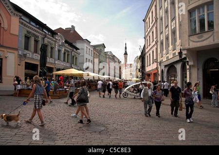Busy street scene in the Old Town with the Town Hall in the background, Tallinn, Estonia Stock Photo