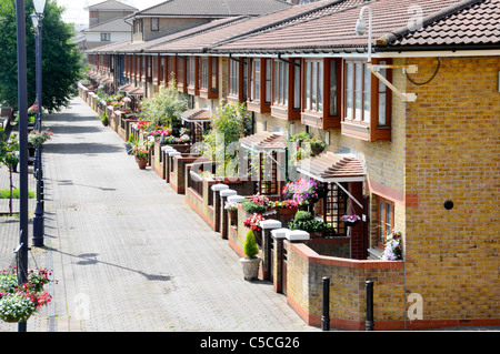 Modern terraced housing in East London with small front garden opening onto wide canal side pedestrian walkway England UK Stock Photo