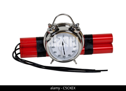 Bundle of red sticks of dynamite with long fuses with a timer alarm clock bomb that is only moments before zero - path included Stock Photo