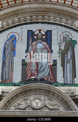 Detail of mosaic of Christ Pantocrator above west door of the Metropolitan Cathedral of the Most Precious Blood, Westminster, London, England Stock Photo