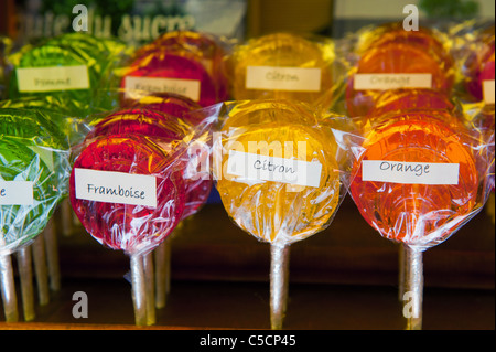Sweet French fruit lollipops in different colors Stock Photo