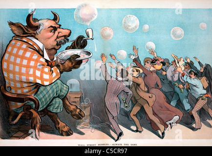 Wall Street Bubbles - Always the same - Caricature of John Pierpont Morgan as a bull blowing bubbles, circa 1901 Stock Photo