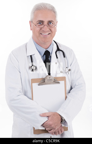 Senior doctor holding clipboard on isolated white background Stock Photo