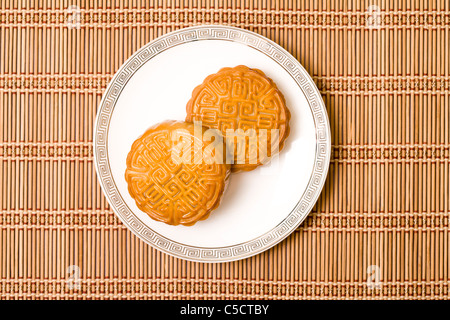 Two Moon Cakes on a Plate on a Place Mat Stock Photo