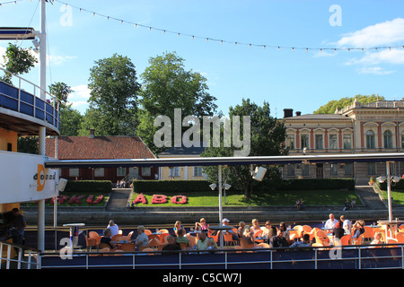 Restaurant boat by  Aura river in Turku, Finland Stock Photo