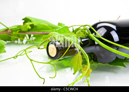 A bottle of red wine with leaves and tendrils Stock Photo