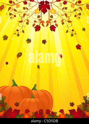 Pumpkins on an orange star burst background with autumn leaves falling ...