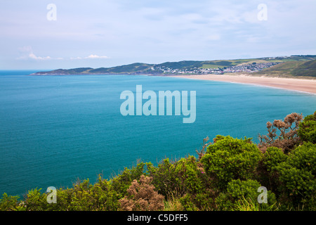 View towards Woolacombe and Woolacombe Sands taken from the coastal path near Croyde, North Devon, England, UK Stock Photo