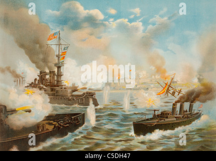 On May 12, 1898 during the Spanish-American War, U.S. Navy warships bombard San Juan, Puerto Rico. Stock Photo