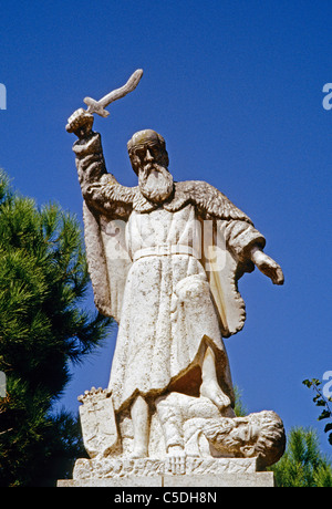 Statue of Prophet Elijah vanquishing Ba'al at Carmelite Mission on Mount Carmel Stock Photo