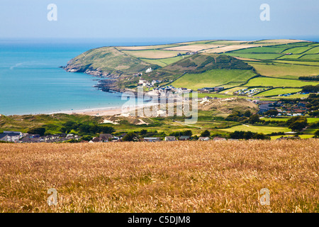 View over Croyde village and Bay towards Baggy Point, North Devon, England, UK Stock Photo