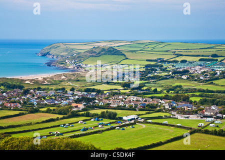 View over Croyde village and Bay towards Baggy Point, North Devon, England, UK Stock Photo