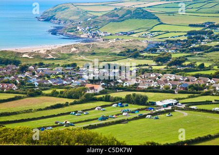 View over Croyde village and Bay towards Baggy Point, North Devon, England, UK Stock Photo